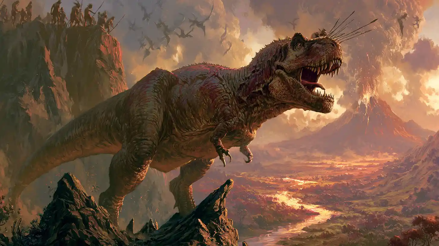 Tyrannosaurus rex roaring over a rocky volcanic valley