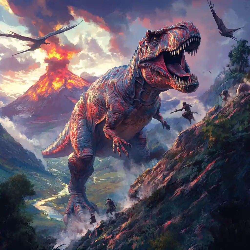 Ferocissimo tirannosauro rex che ruggisce in cima a una scogliera rocciosa