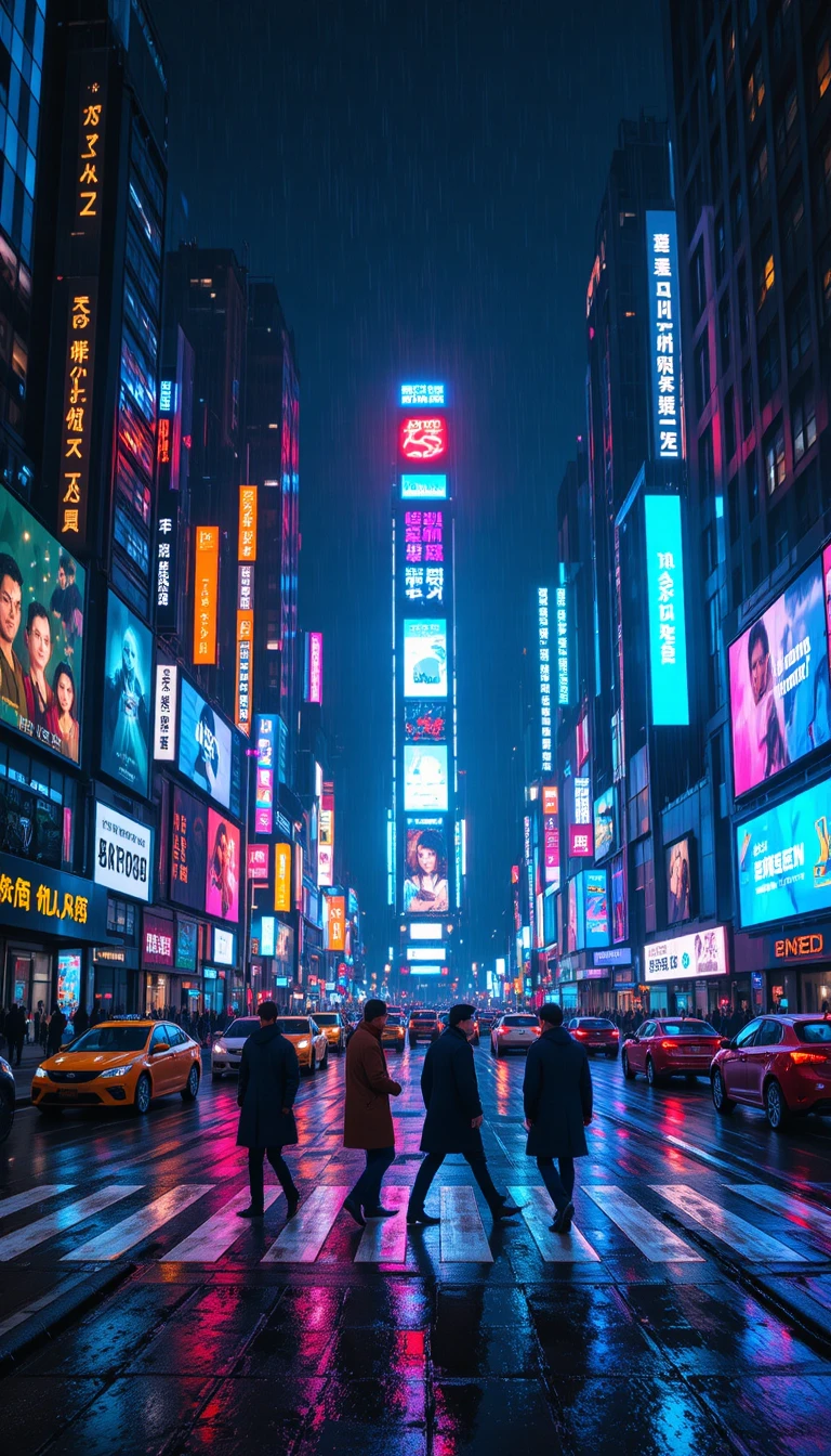 Rainy neon city avenue at night with blurred pedestrians