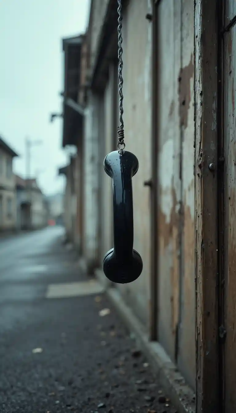 Vintage black telephone handset hanging in an urban street