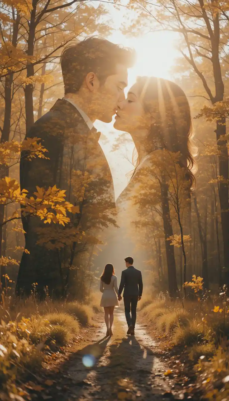Romantic couple kissing in dreamy double exposure portrait