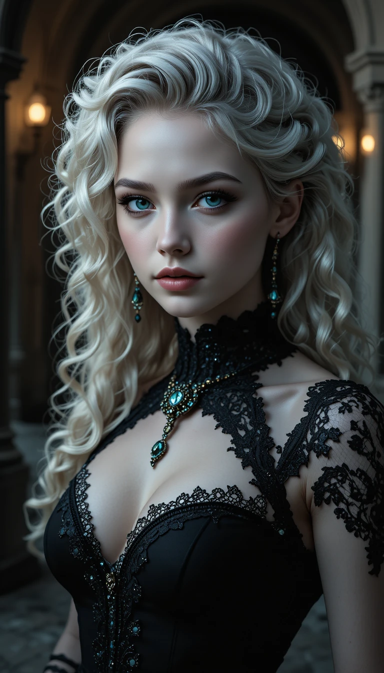 Gothic woman with platinum curls in moody candlelit interior