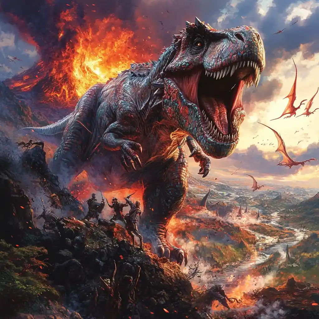 Towering Tyrannosaurus Rex Overlooking Volcanic Prehistoric Valley