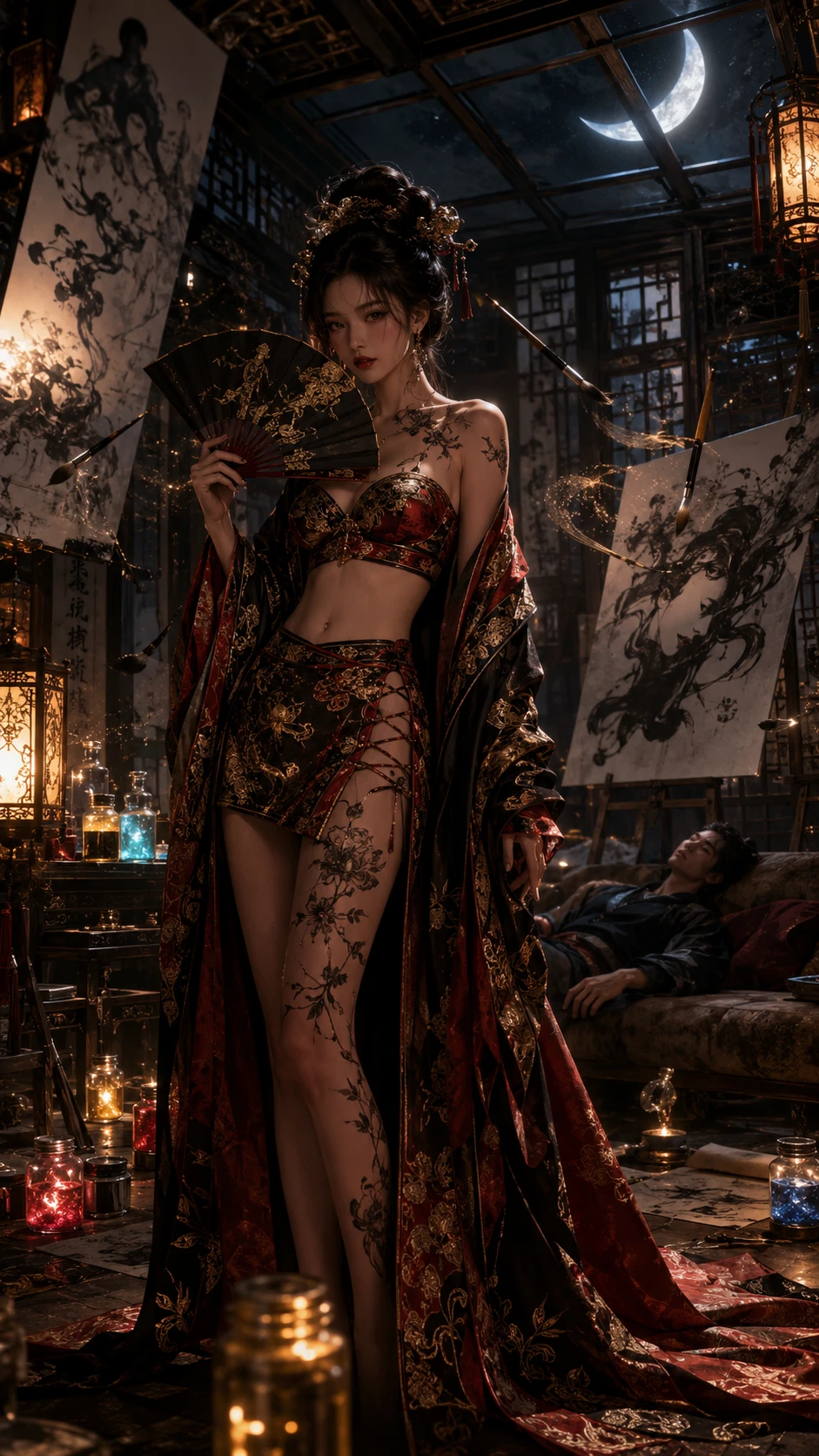 Seductive woman in surreal moonlit Chinese art studio