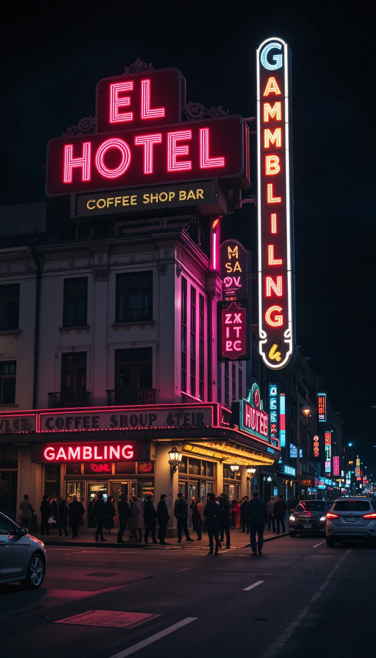 Neon lit historic hotel and casino on a busy city street