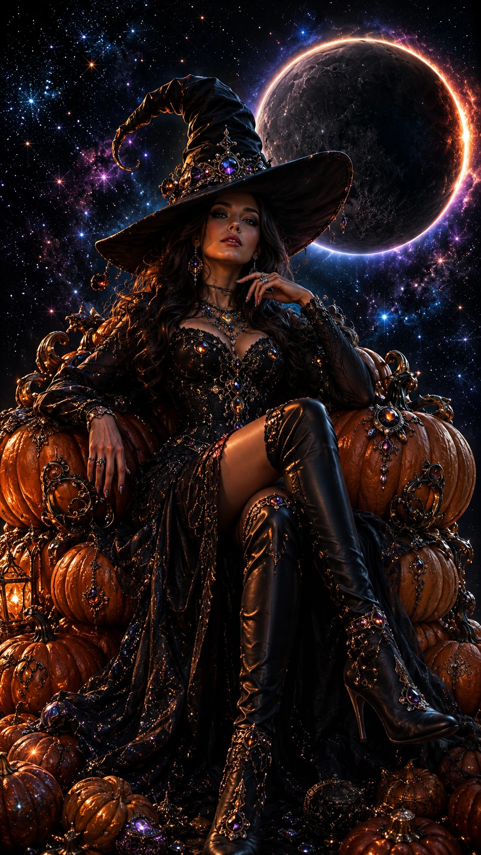 Witch before a vivid total lunar eclipse in space
