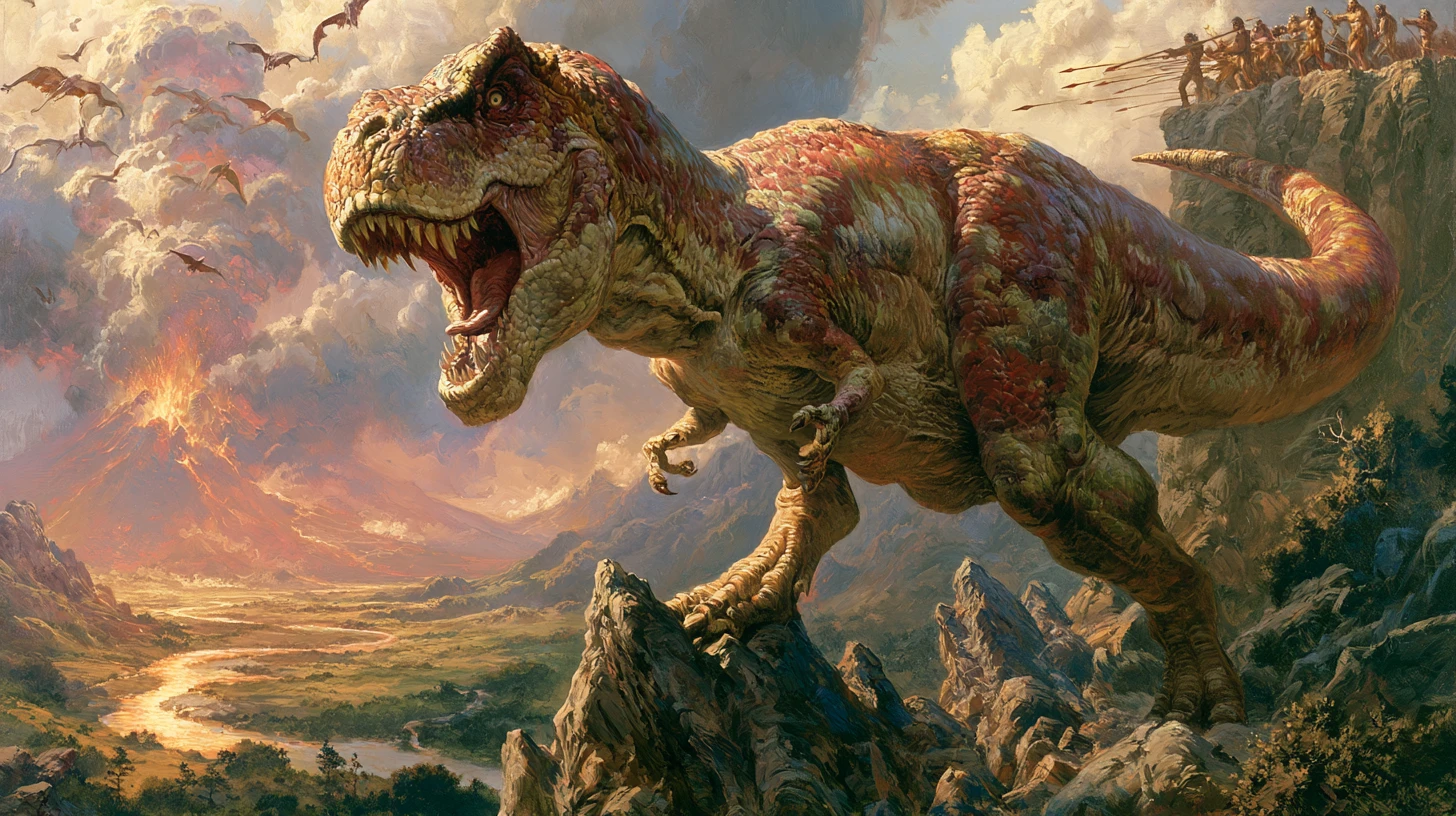Mighty T rex Roaring Over Rocky Ledge Above Lush Valley