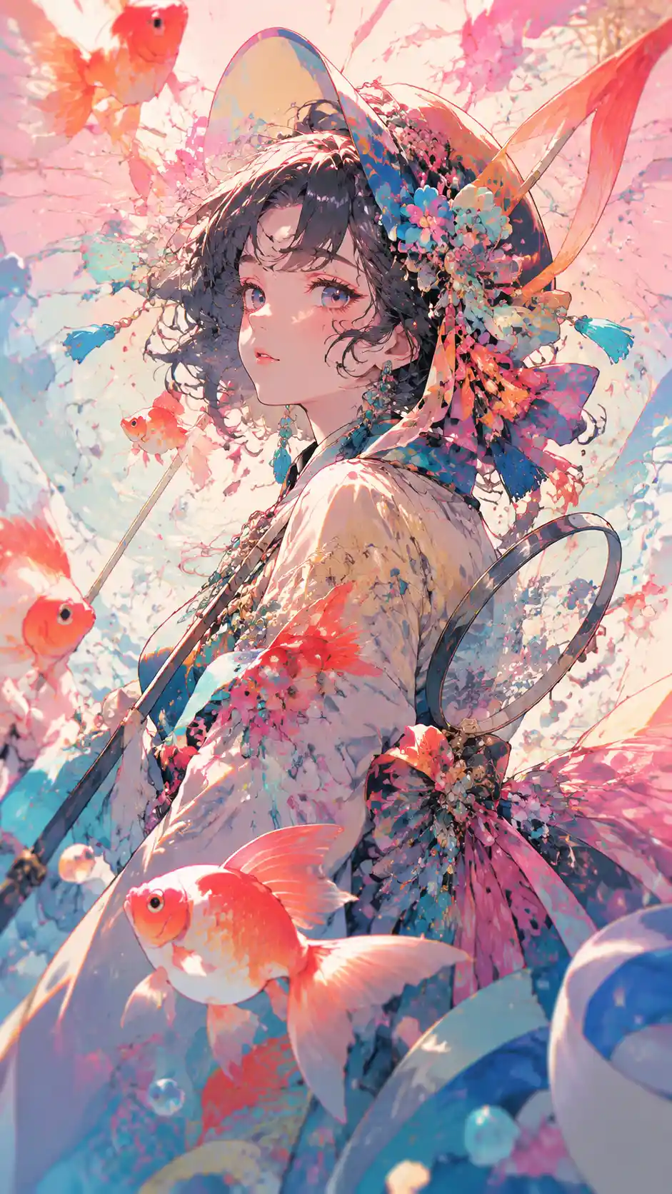 Theatrical anime illustration with vibrant pastel color palette