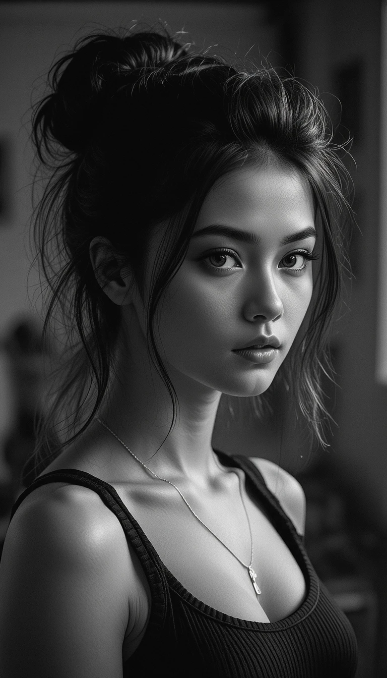 Black and white cinematic portrait of a young woman