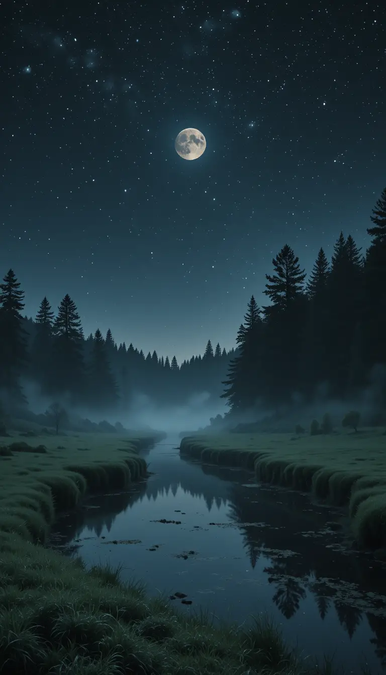 Calm Moonlit River Meandering Through A Quiet Meadow