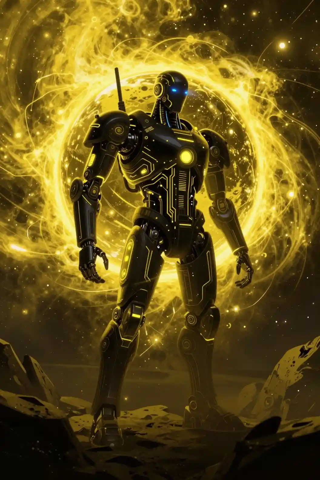 Futuristic planetary machine glowing with yellow neon energy
