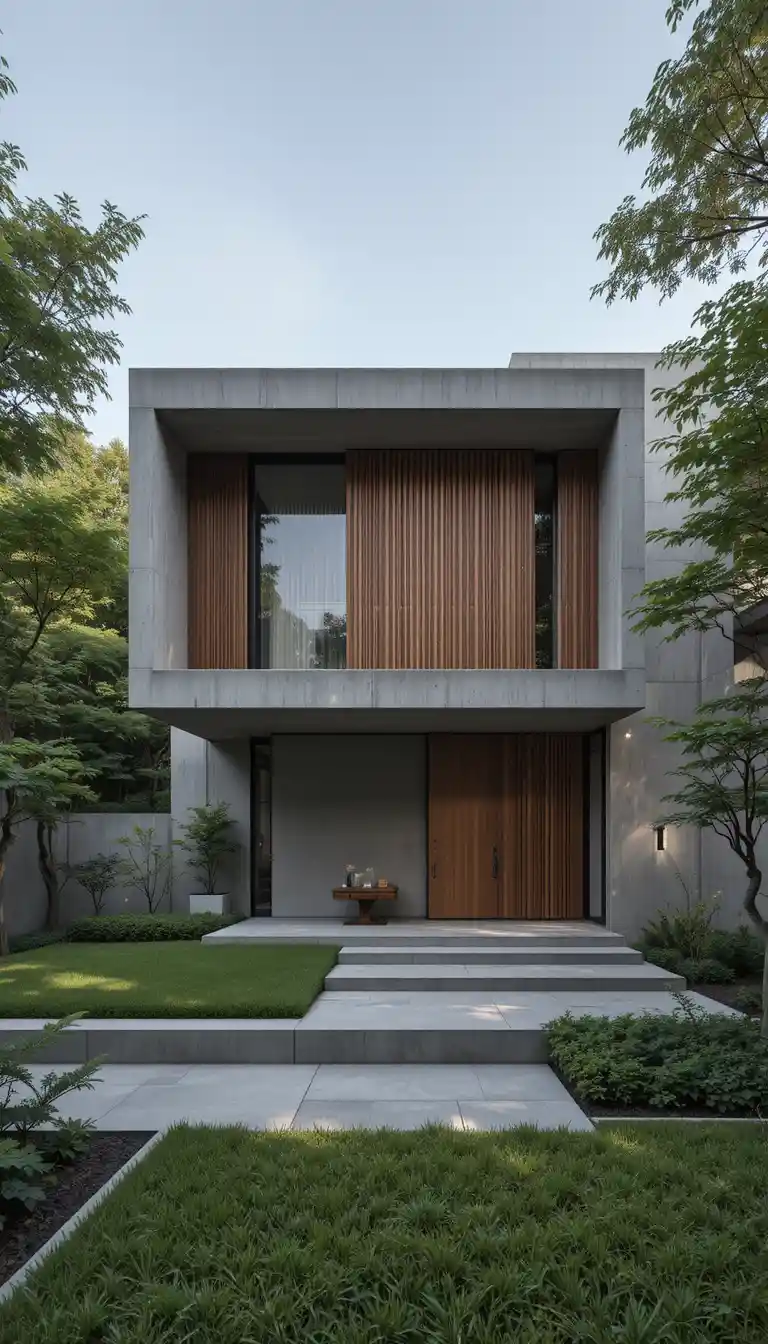 Modern Japanese concrete house with warm wood and garden