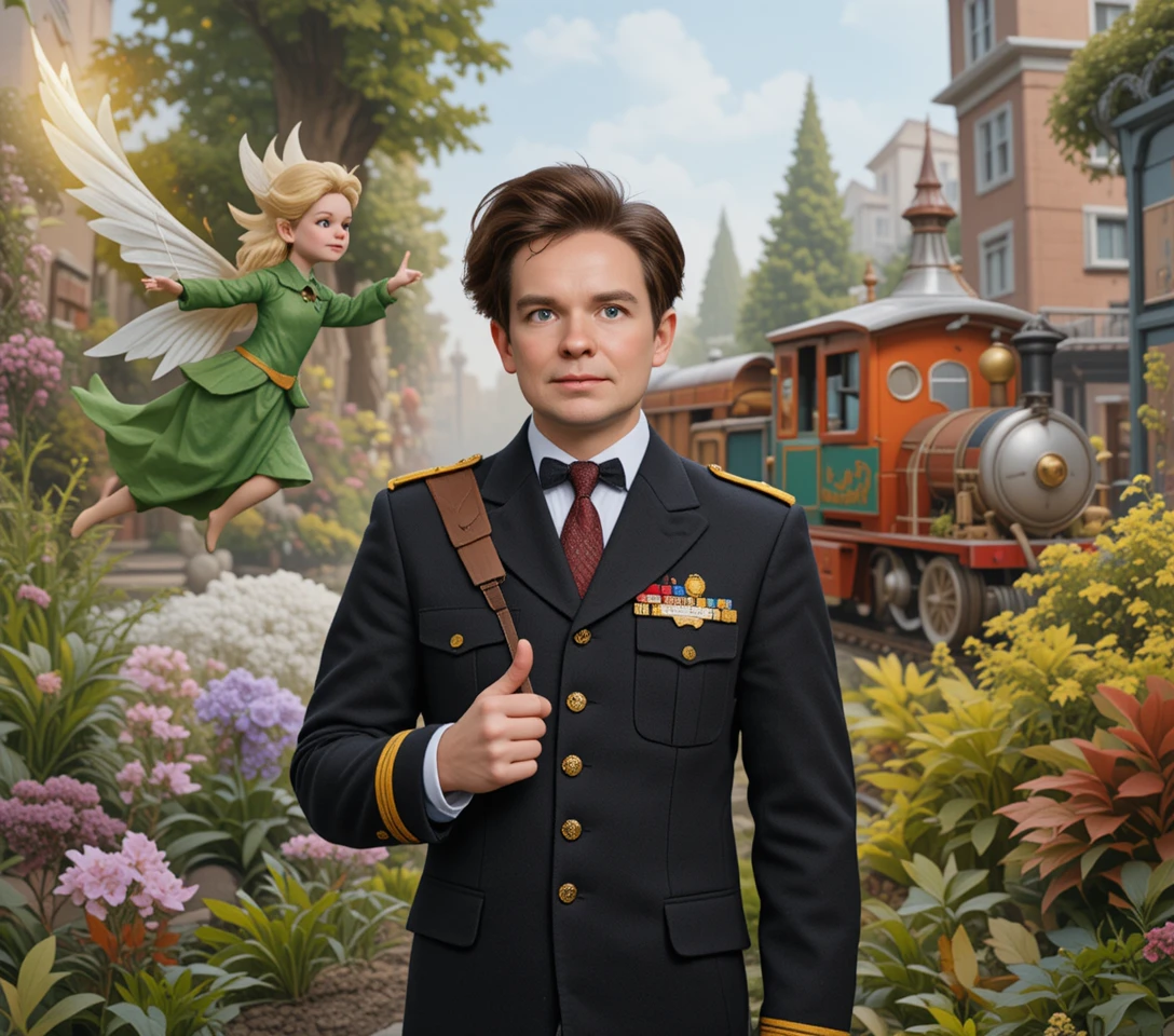 Young male train conductor in a magical fantasy garden