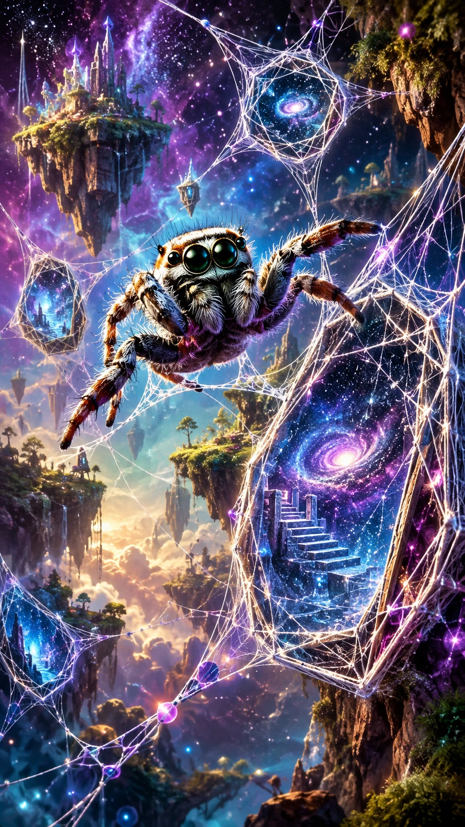 Jumping spider leaping between glowing webs on floating islands