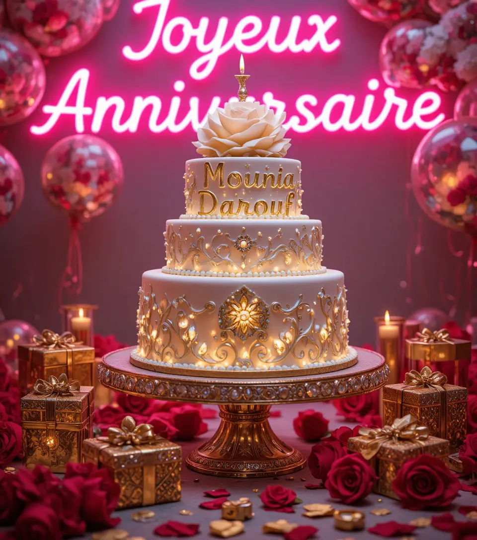 Luxurious white birthday cake with gold name and roses