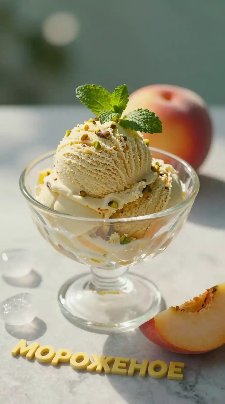 Pistachio ice cream with peach in glass bowl on marble tabletop