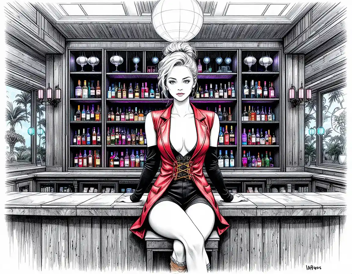 Elegant woman posing on a dark wooden bar counter