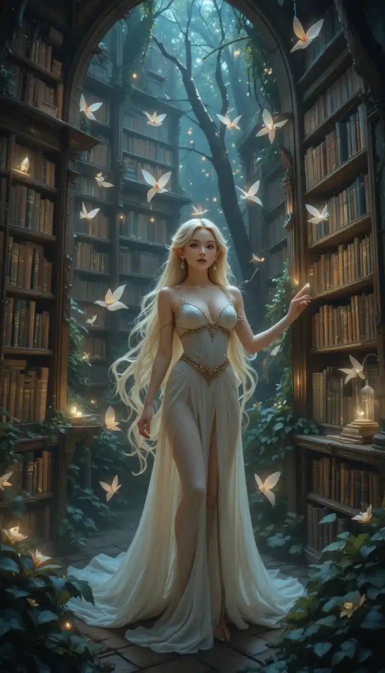 Blonde elf woman tending a glowing forest library