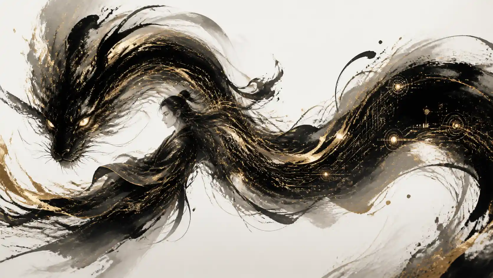 Single sweeping brushstroke transforming across a white page