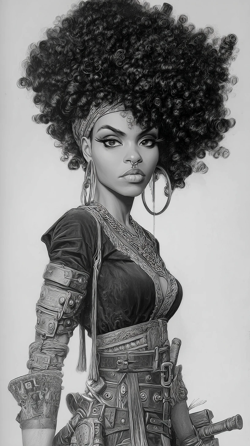 Charcoal portrait of a warrior woman with massive afro hair