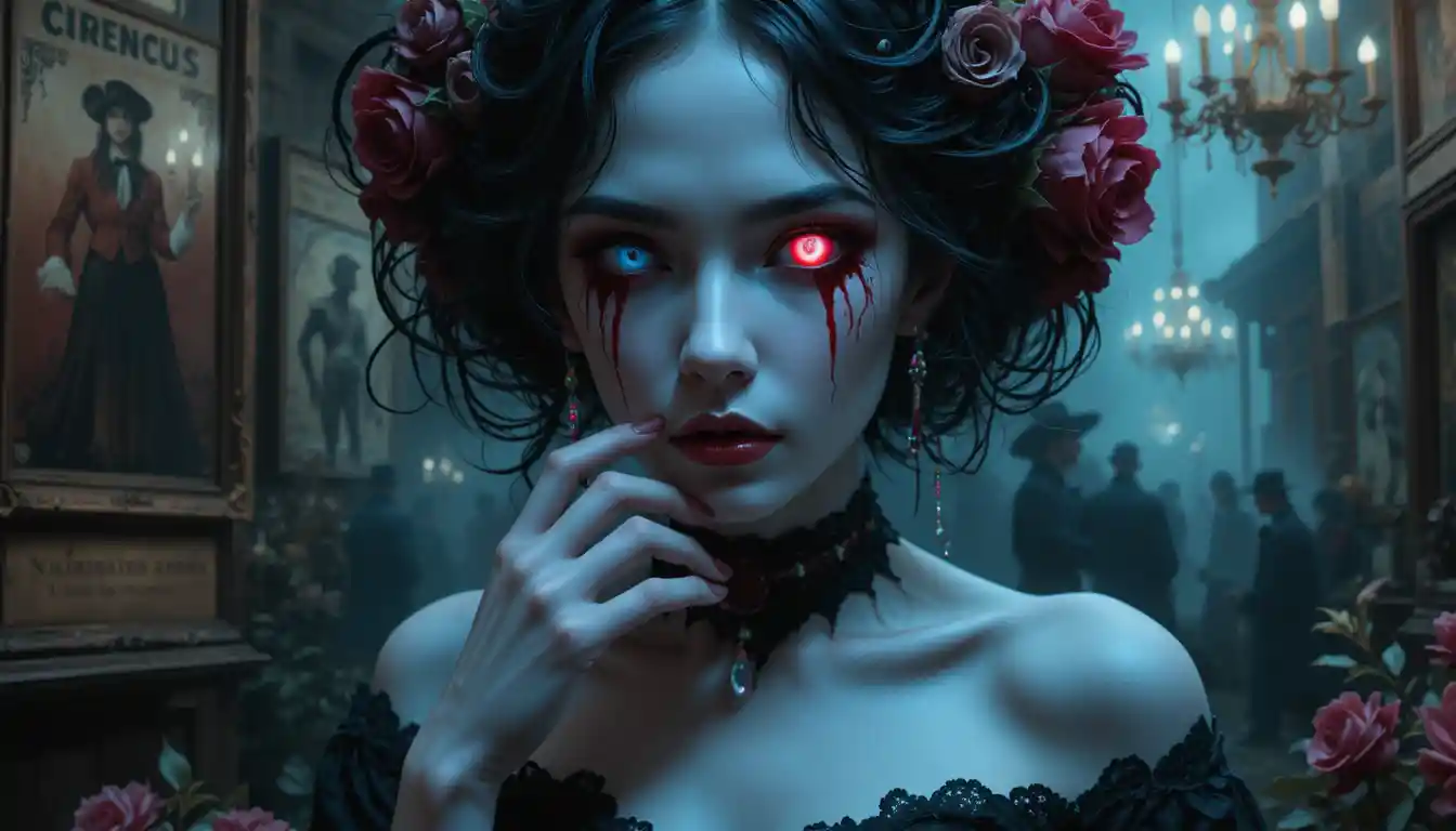 Surreal woman with bleeding tear in gothic floral portrait