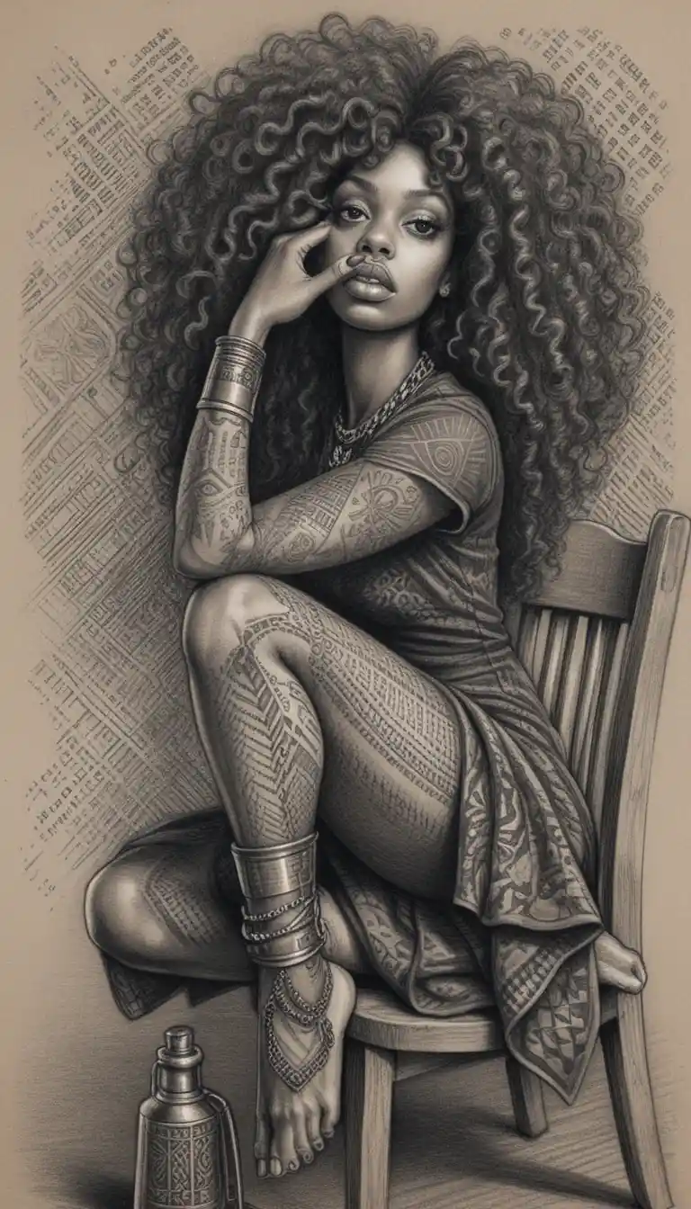 Caricatura di donna con capelli afro e braccio tatuato a carboncino