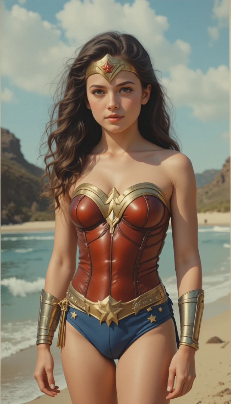 Young girl in a minimal superhero style bikini costume