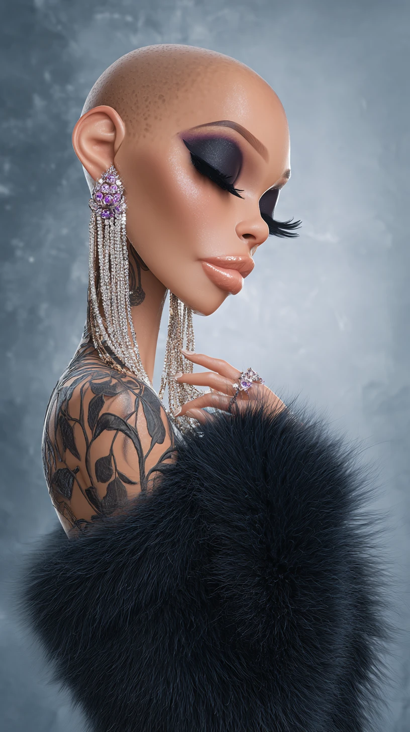 Glamorous bald woman portrait in stylized 3D illustration