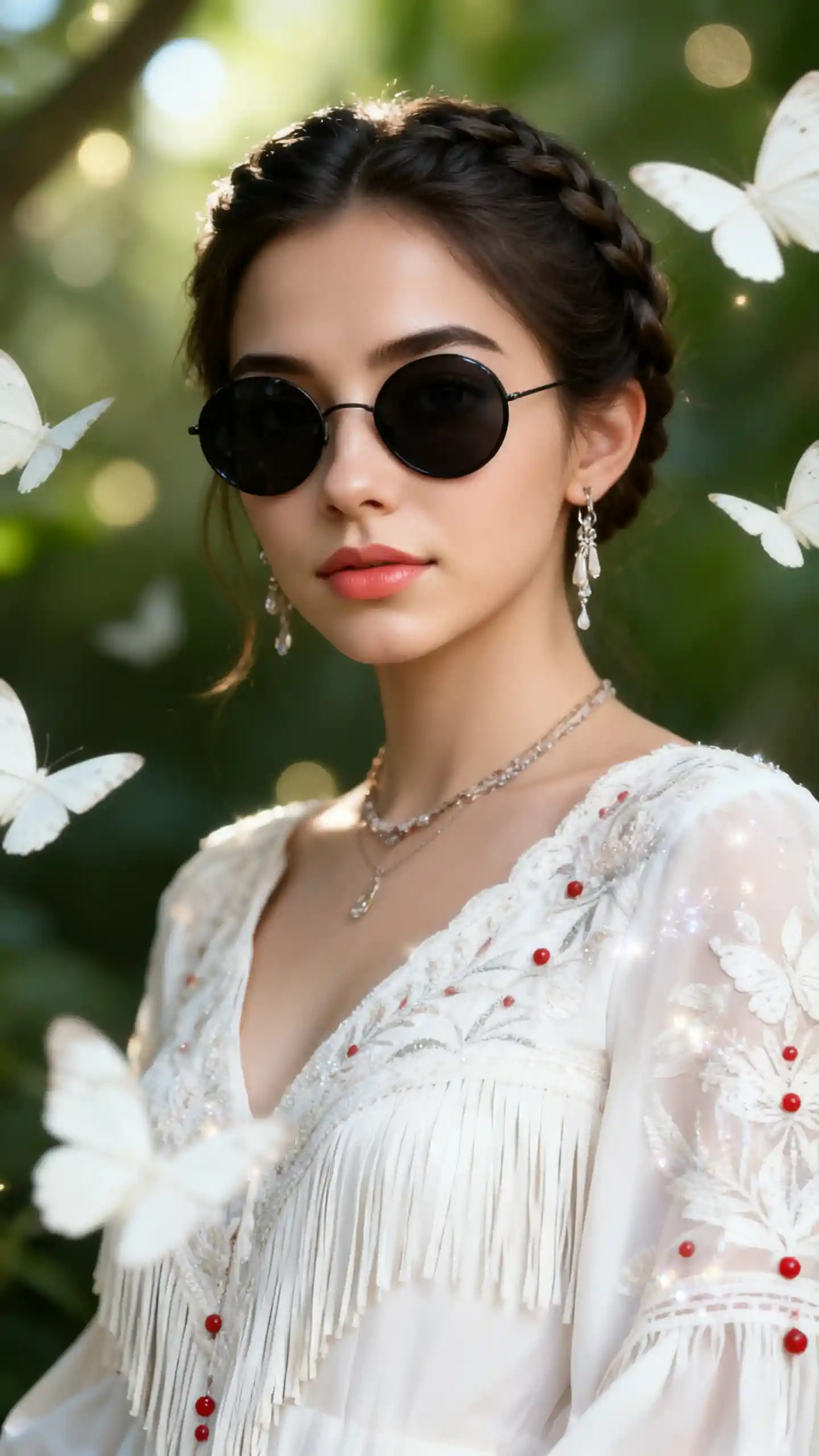 Elegant woman in embroidered ivory dress with sunglasses