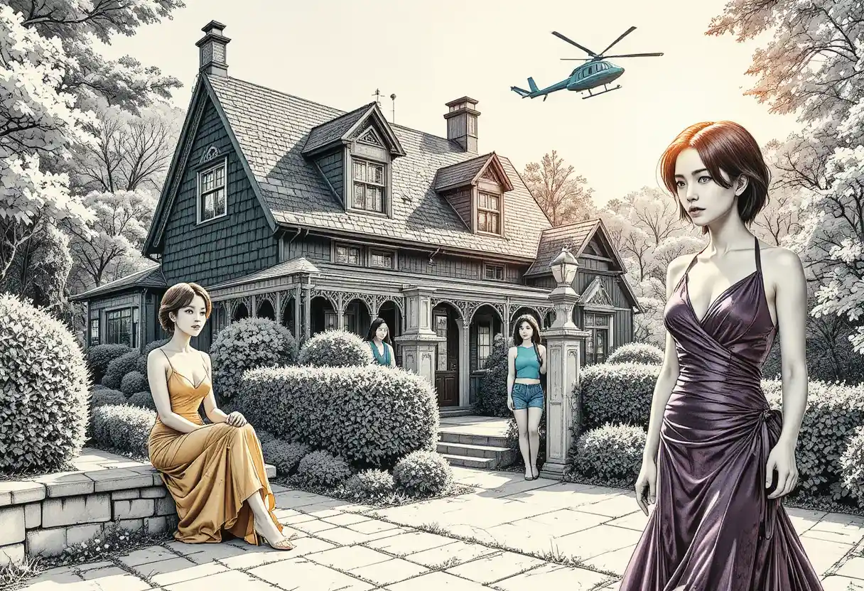 Woman in yellow dress outside a green shingled house