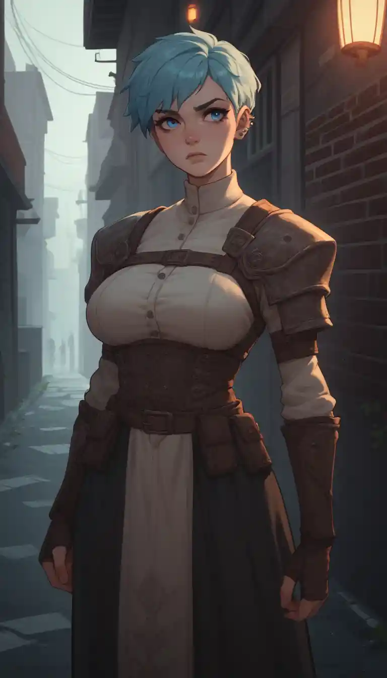 Anime-Kriegerin in einer nebligen, von Laternen erleuchteten Gasse