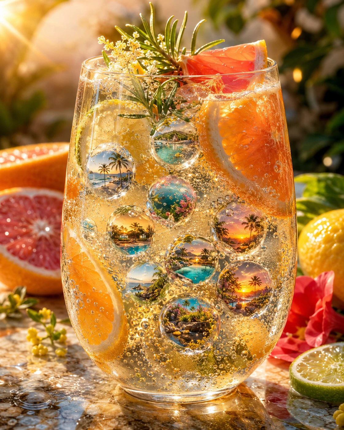Chilled citrus drink with sparkling summer bubbles and botanicals
