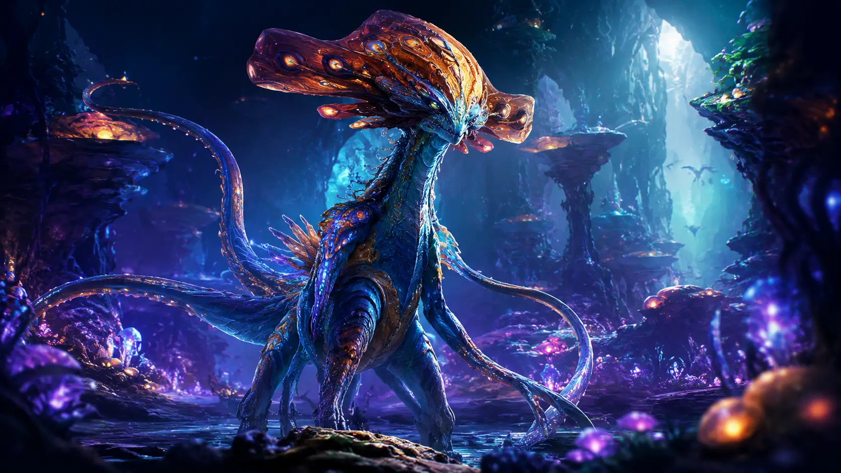 Bioluminescent Alien Creature In A Fantastic Otherworldly Landscape