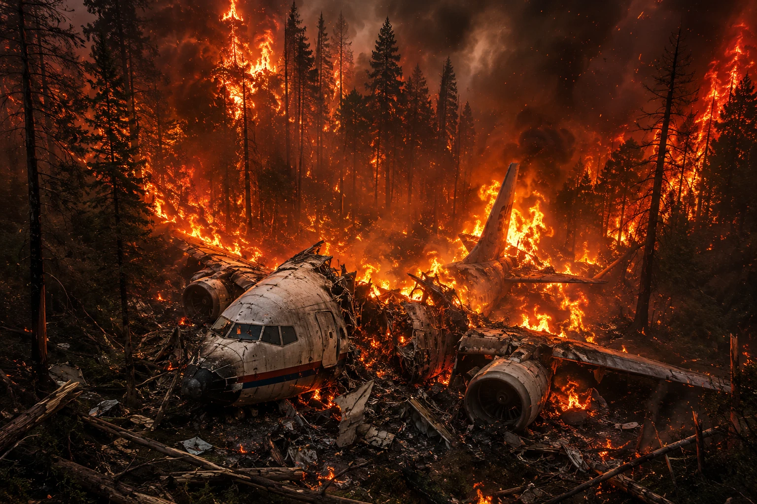 Airliner wreck burning in a devastated forest inferno