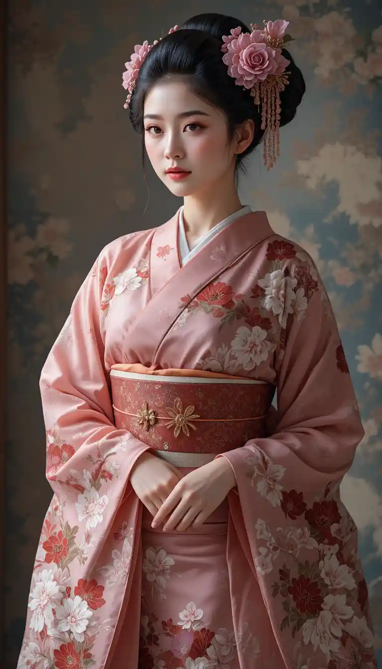 Elegant young woman in pink kimono portrait