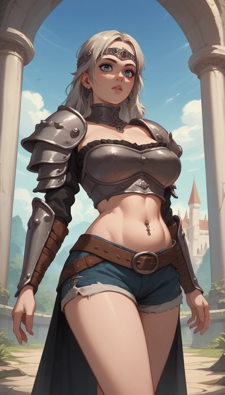 Voluptuous anime warrior woman in a grand fantasy palace