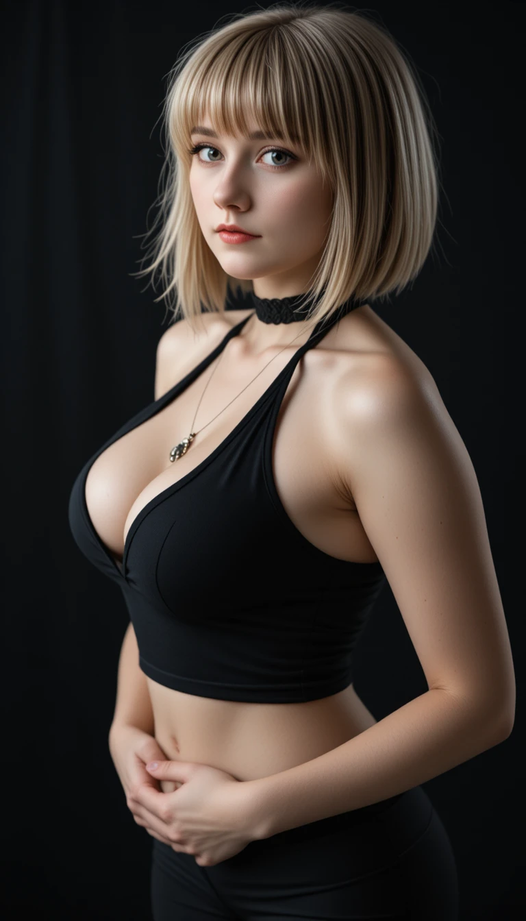 Flirty Goth Teen Girl In Black Halter Top Side View