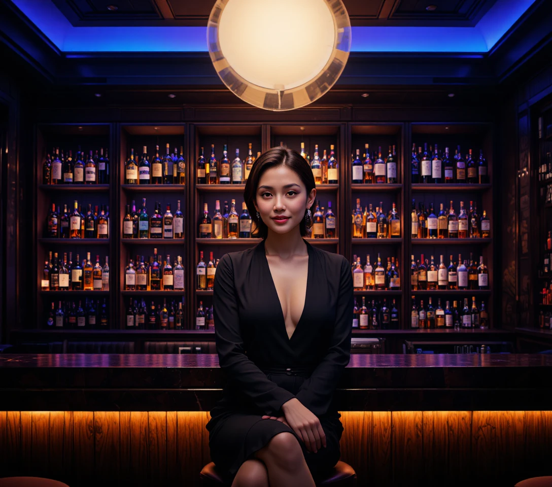 Elegant woman on bar counter in warm moody lighting