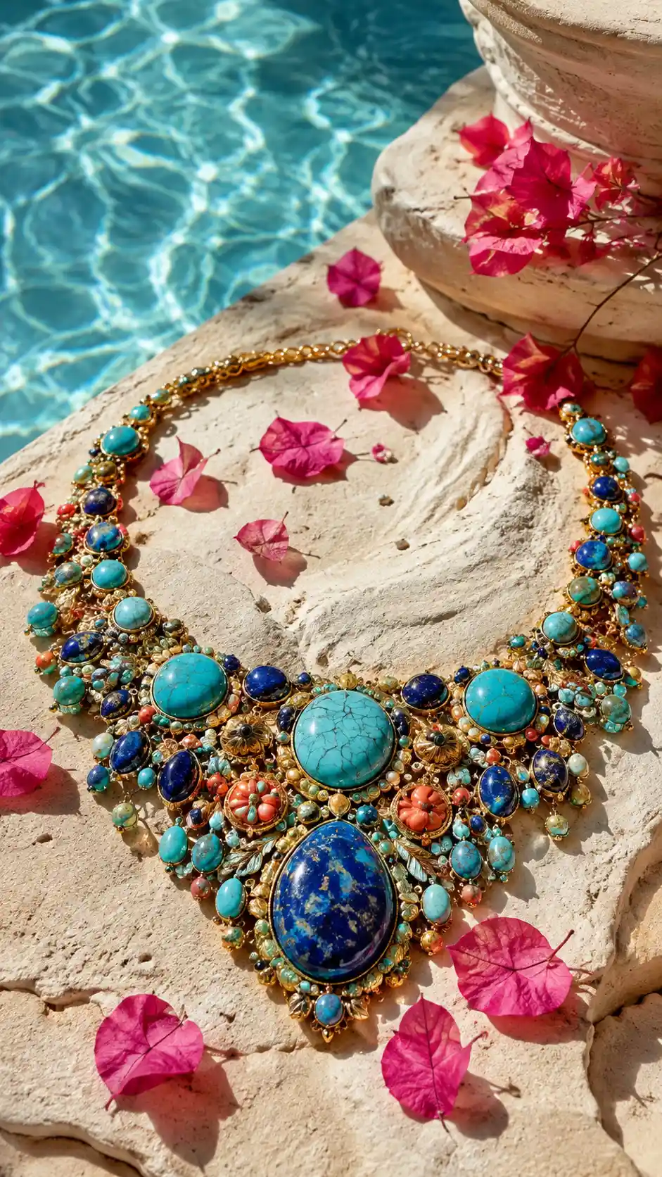 Turquoise Gold Necklace By Pool In Bright Sunlight