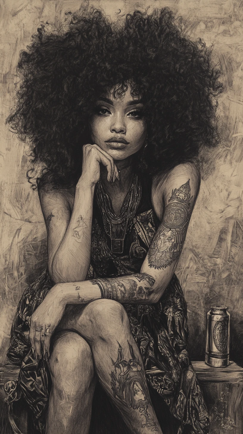 Charcoal caricature of a woman with an exaggerated curly afro