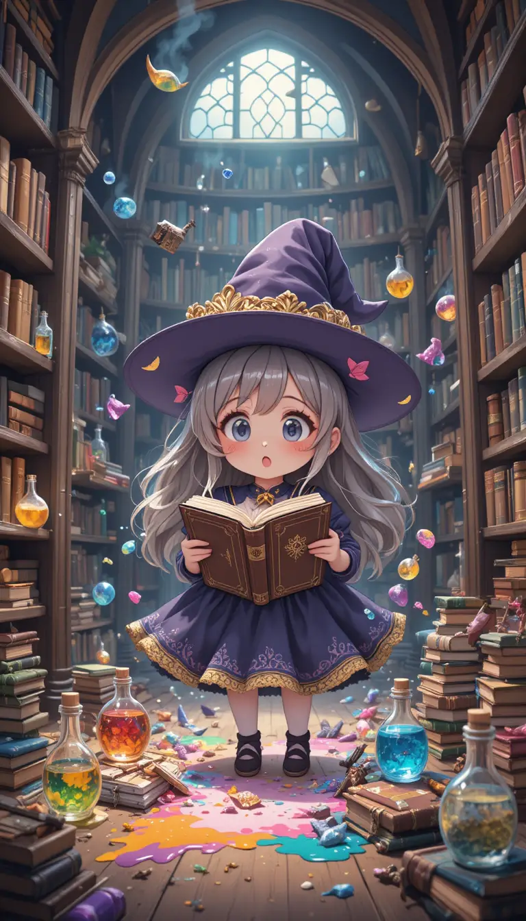 Cute anime witch girl mixing potions in a library
