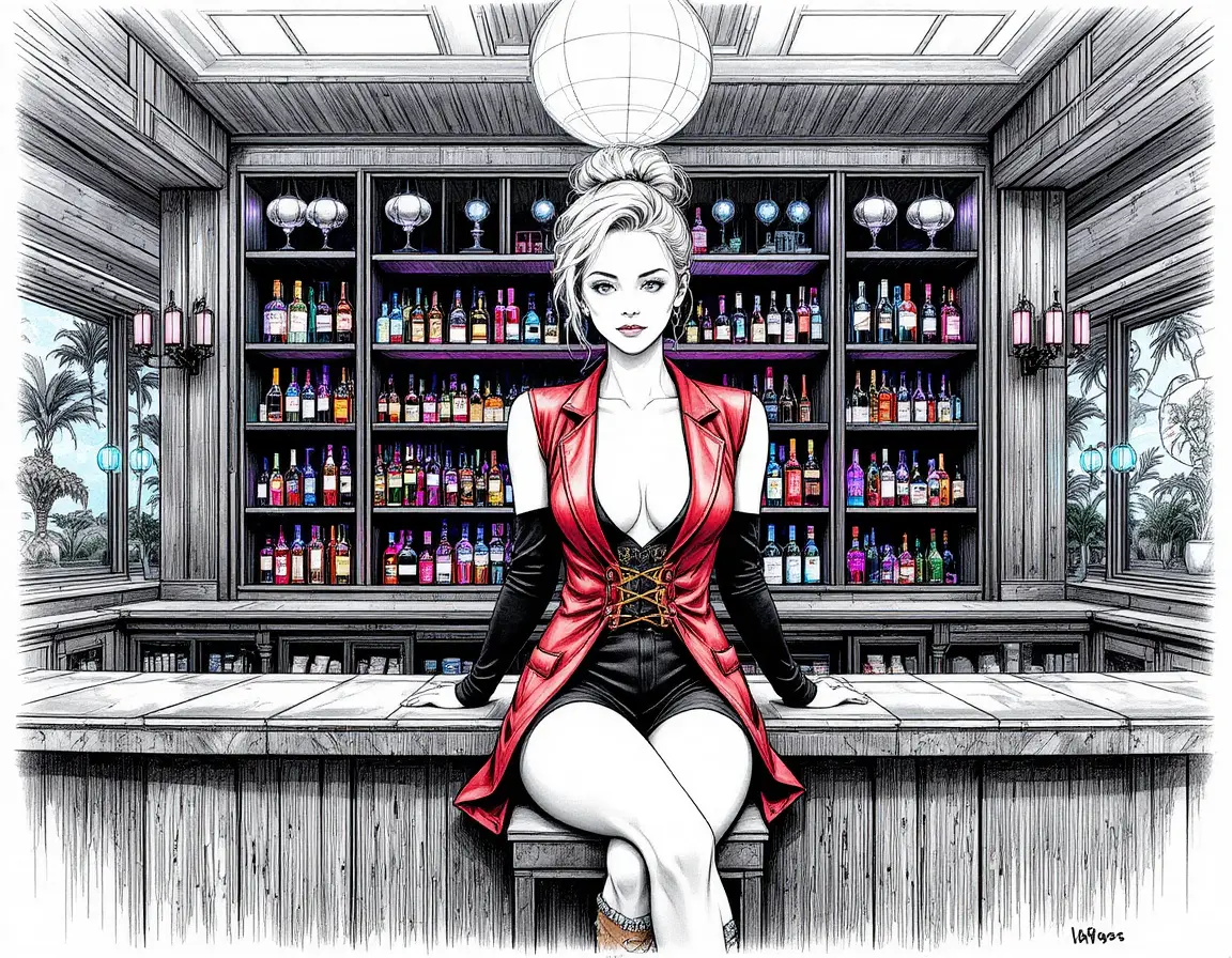 Elegant woman posing on a dark wooden bar counter