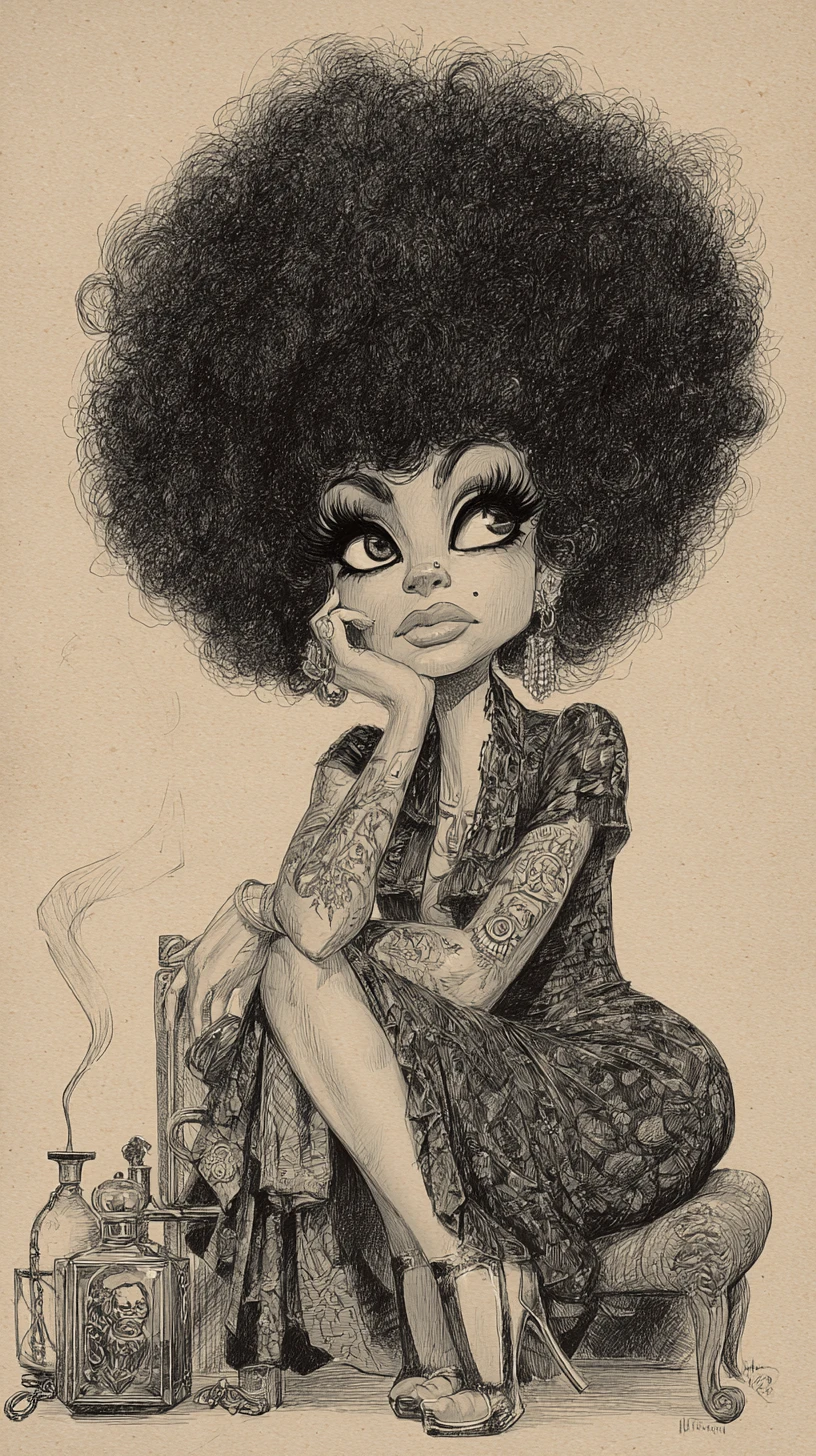 Charcoal caricature of a woman with huge curly afro hair