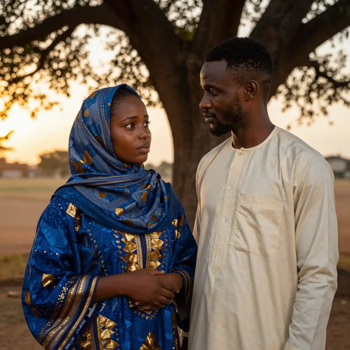 West African Muslim couple under an ancient tree at sunset