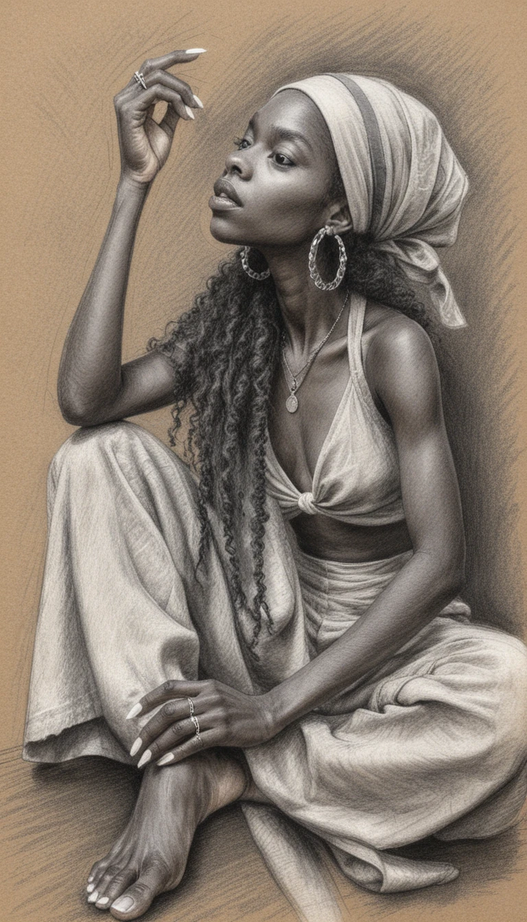 Contemplative woman in charcoal full body portrait drawing