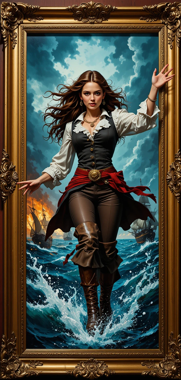 Heroic female pirate leaping from a gilded picture frame