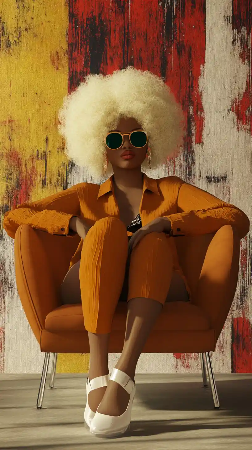 Stylized blonde woman in chair with bold retro fashion