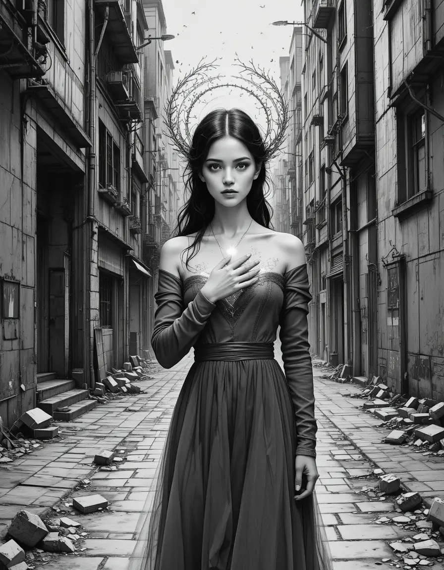 Jeune femme dans un labyrinthe urbain de graphite désolé