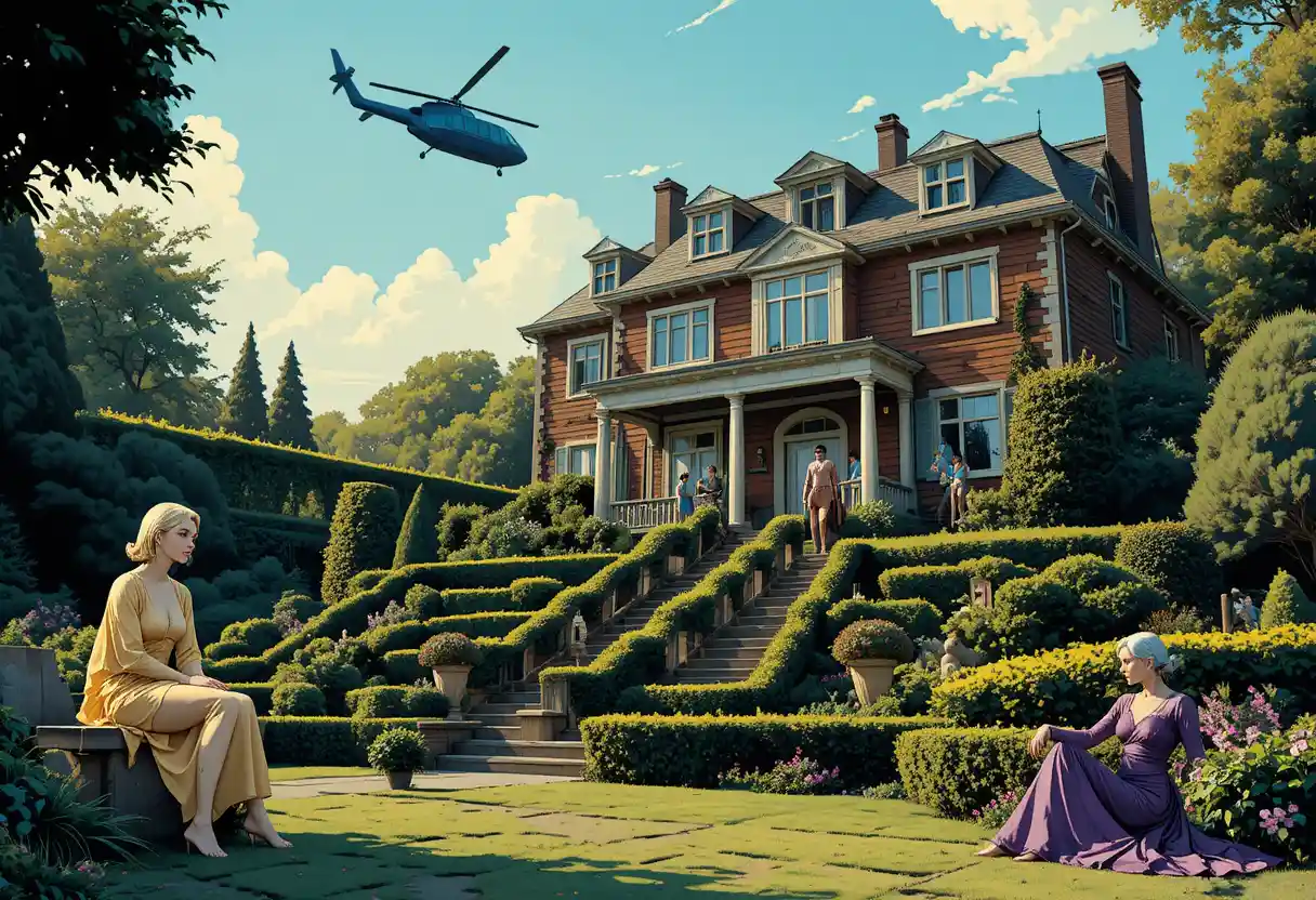 Classic dark house with lush garden at golden hour