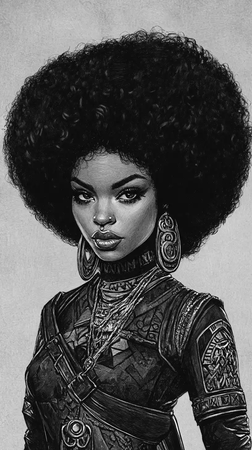 Charcoal portrait of a warrior woman with massive afro hair